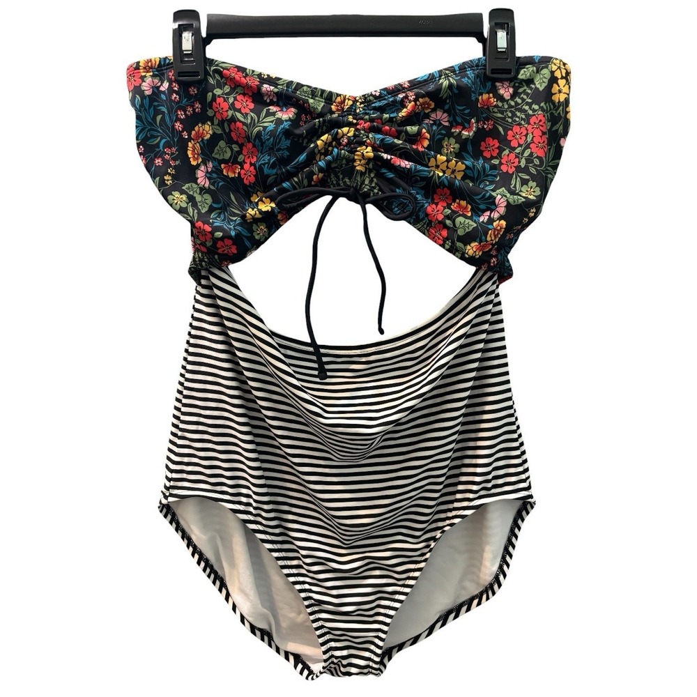 Time And Tru 1X Bandeau One Piece Swimsuit Floral Stripe Ruched Tummy Control